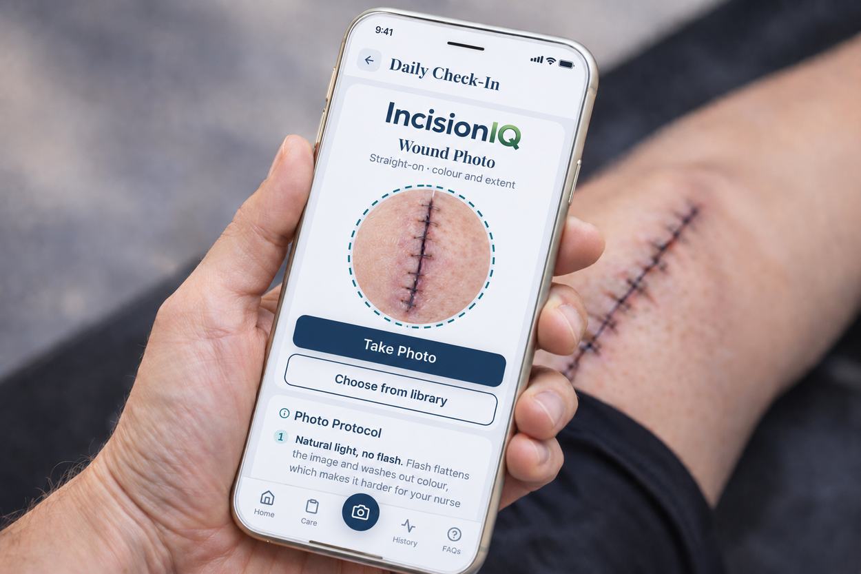 A patient photographing a knee incision with the app