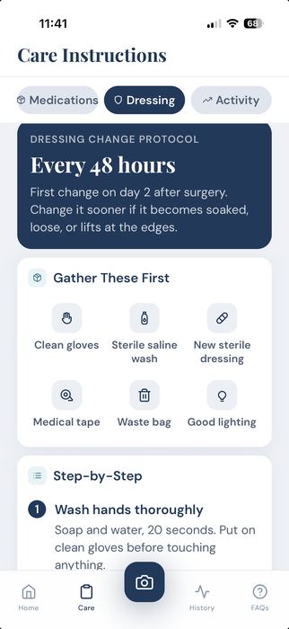 Care instructions screen