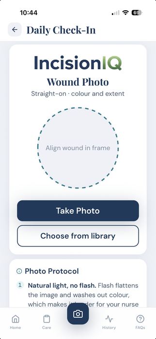 Wound photo capture screen